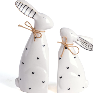 Pair of Ceramic Rabbit Figurines with Heart-Shaped Hemp Rope and Polka Dots